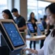 A customer using an AI-powered return kiosk in a modern retail store, with a digital interface analyzing return data, surrounded by other shoppers at similar kiosks.