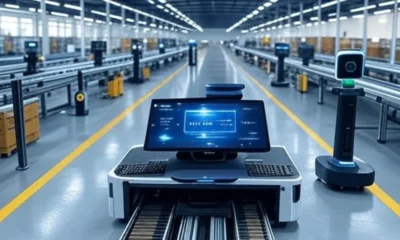 "Automated warehouse with AI-driven robots managing reverse logistics, featuring advanced conveyor systems and computer vision technology for efficient product returns, inspired by companies like Amazon and Walmart."