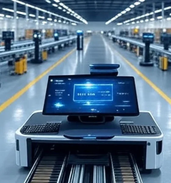 "Automated warehouse with AI-driven robots managing reverse logistics, featuring advanced conveyor systems and computer vision technology for efficient product returns, inspired by companies like Amazon and Walmart."
