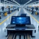 "Automated warehouse with AI-driven robots managing reverse logistics, featuring advanced conveyor systems and computer vision technology for efficient product returns, inspired by companies like Amazon and Walmart."