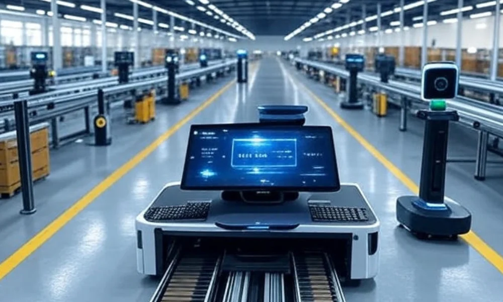"Automated warehouse with AI-driven robots managing reverse logistics, featuring advanced conveyor systems and computer vision technology for efficient product returns, inspired by companies like Amazon and Walmart."