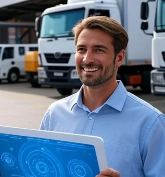 Man in a blue shirt holding a tablet with a digital interface displaying logistics tracking data, standing in front of delivery trucks in a modern warehouse, showcasing AI-powered virtual assistant technology in the supply chain industry.