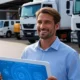 Man in a blue shirt holding a tablet with a digital interface displaying logistics tracking data, standing in front of delivery trucks in a modern warehouse, showcasing AI-powered virtual assistant technology in the supply chain industry.