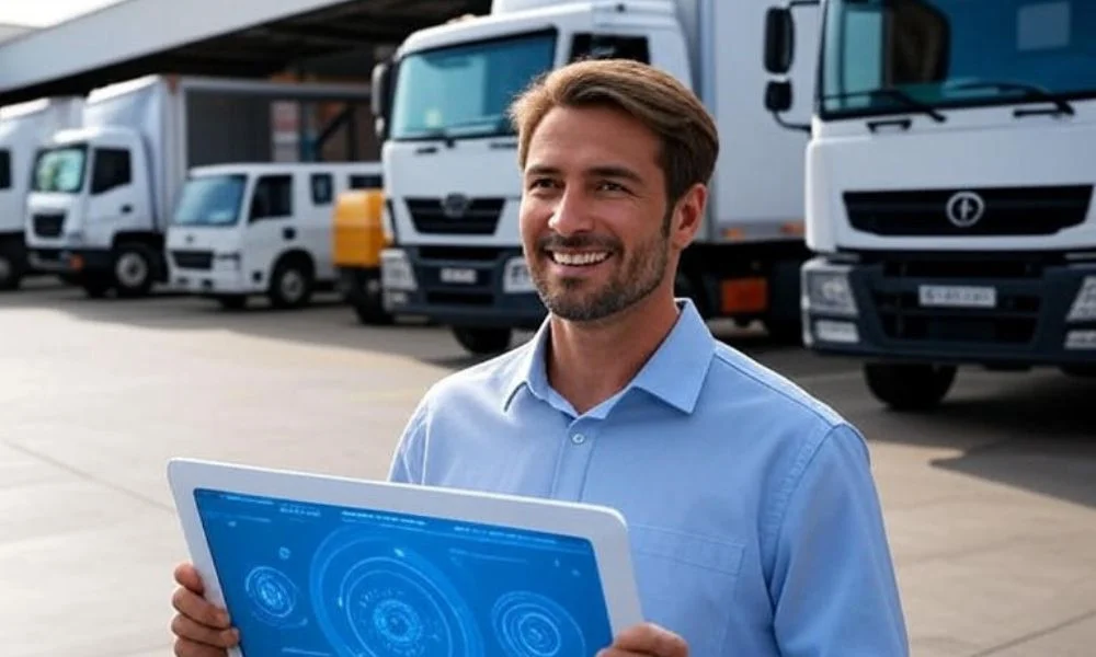 Man in a blue shirt holding a tablet with a digital interface displaying logistics tracking data, standing in front of delivery trucks in a modern warehouse, showcasing AI-powered virtual assistant technology in the supply chain industry.