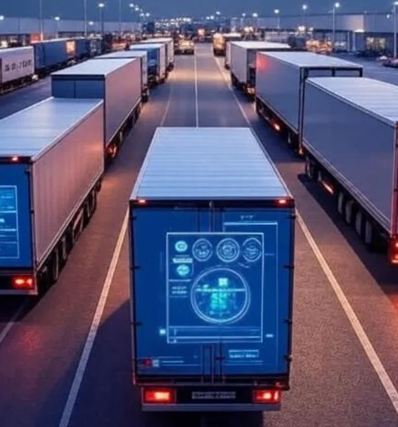 A modern logistics hub featuring trucks on a highway with digital dashboards displaying real-time shipment data, enhanced by AI-powered sensors, showcasing an advanced supply chain environment.