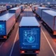 A modern logistics hub featuring trucks on a highway with digital dashboards displaying real-time shipment data, enhanced by AI-powered sensors, showcasing an advanced supply chain environment.