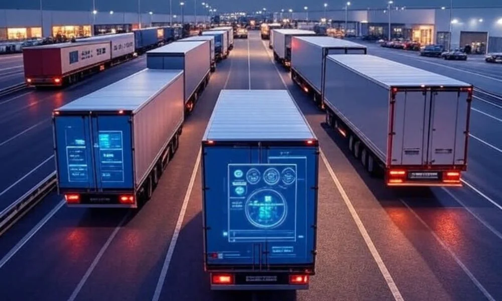 A modern logistics hub featuring trucks on a highway with digital dashboards displaying real-time shipment data, enhanced by AI-powered sensors, showcasing an advanced supply chain environment.