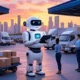 A modern logistics hub at sunset with a chatbot assisting customers, surrounded by delivery trucks, packages, and digital screens displaying order tracking, set against a bustling city skyline.