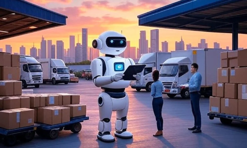 A modern logistics hub at sunset with a chatbot assisting customers, surrounded by delivery trucks, packages, and digital screens displaying order tracking, set against a bustling city skyline.