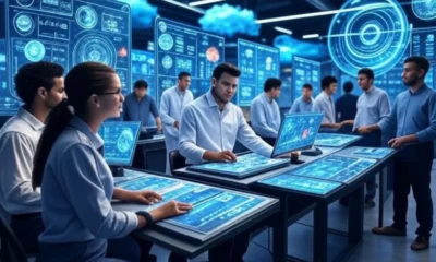 A futuristic supply chain communication hub featuring a diverse team using predictive AI technology, with holographic data visualizations and real-time monitoring screens, enhancing coordination and efficiency in logistics operations.