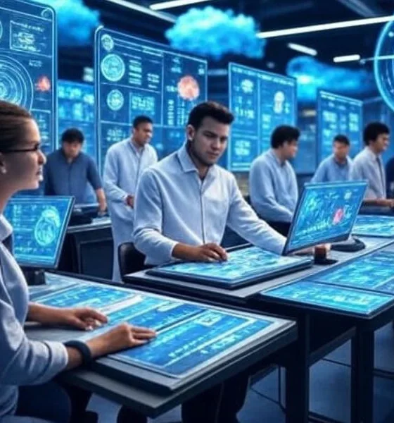 A futuristic supply chain communication hub featuring a diverse team using predictive AI technology, with holographic data visualizations and real-time monitoring screens, enhancing coordination and efficiency in logistics operations.