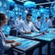 A futuristic supply chain communication hub featuring a diverse team using predictive AI technology, with holographic data visualizations and real-time monitoring screens, enhancing coordination and efficiency in logistics operations.