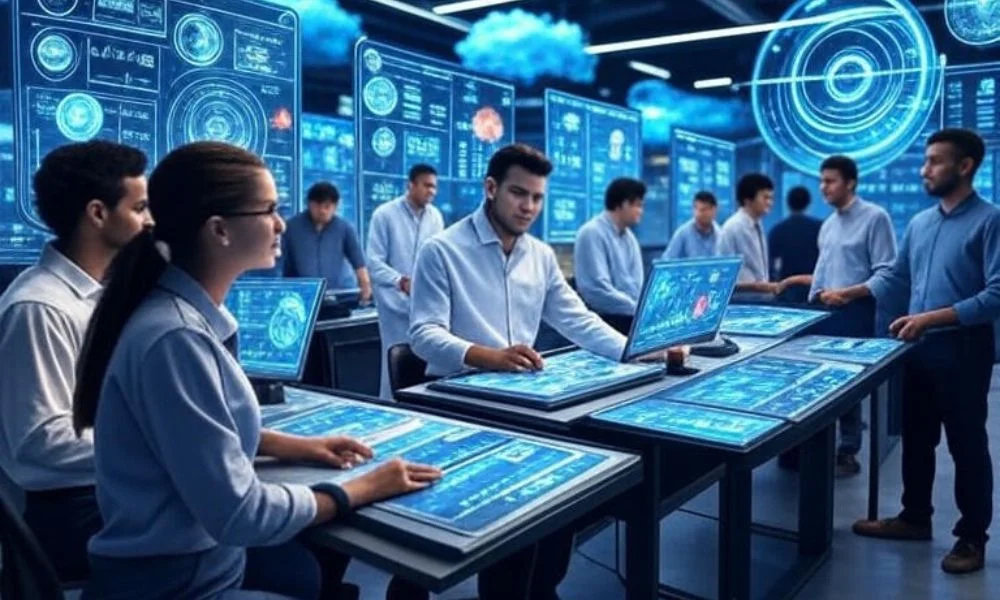 A futuristic supply chain communication hub featuring a diverse team using predictive AI technology, with holographic data visualizations and real-time monitoring screens, enhancing coordination and efficiency in logistics operations.