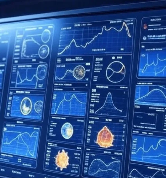 A futuristic dashboard displaying real-time freight monitoring with AI, featuring live GPS, IoT sensor data, and predictive analytics, integrated into a vehicle interface, enhancing logistics efficiency in the U.S. industry.