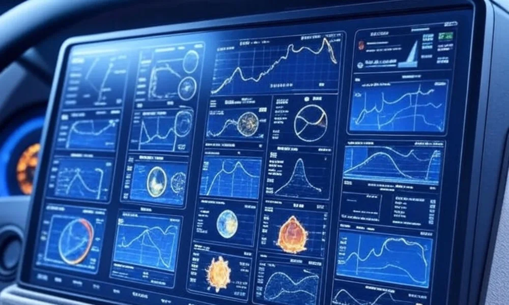 A futuristic dashboard displaying real-time freight monitoring with AI, featuring live GPS, IoT sensor data, and predictive analytics, integrated into a vehicle interface, enhancing logistics efficiency in the U.S. industry.