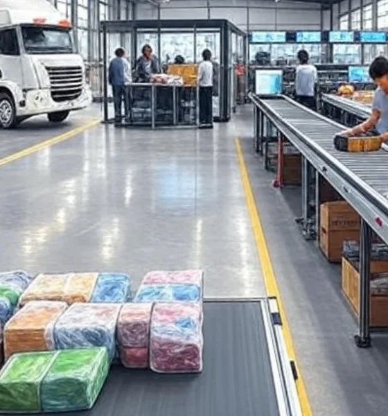 "A modern warehouse showcasing an optimized reverse logistics process with AI technology, featuring workers handling returned goods on a conveyor belt, a delivery truck unloading, and efficient routing for repairs, recycling, or refunds, emphasizing transparency, speed, and eco-friendly practices."