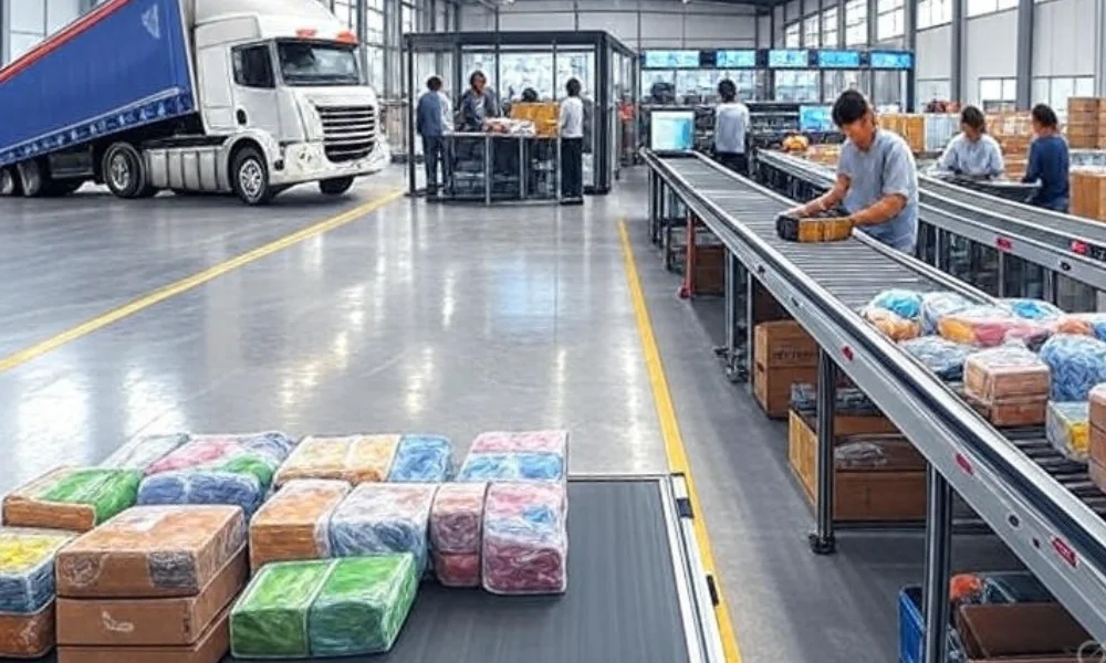 "A modern warehouse showcasing an optimized reverse logistics process with AI technology, featuring workers handling returned goods on a conveyor belt, a delivery truck unloading, and efficient routing for repairs, recycling, or refunds, emphasizing transparency, speed, and eco-friendly practices."
